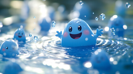 Happy blue water creatures splashing in a pond, playful kawaii characters enjoying a fun summer day, digital illustration, cute and cheerful aquatic scene