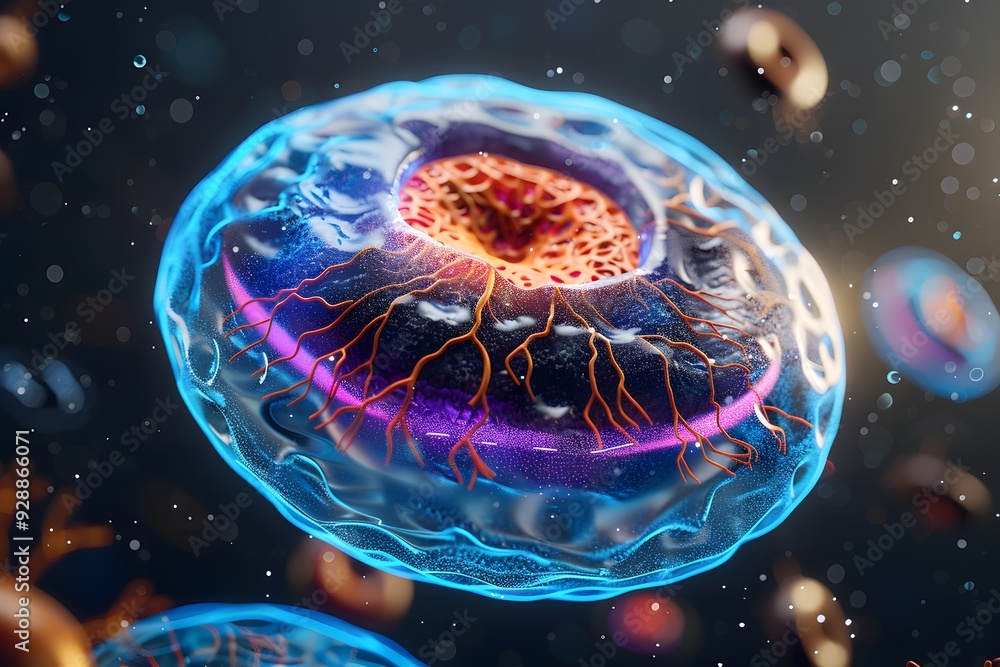 Poster stunning visualization of a cell with intricate structures and vibrant colors