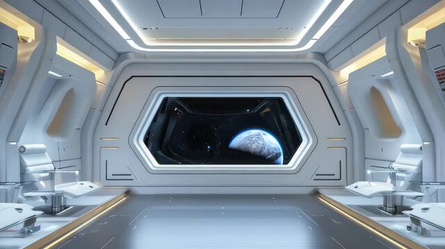Spaceship medical bay slowly moving towards earth seen through window