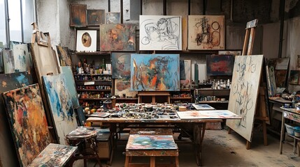 Vibrant and Expressive Creative Studio with Canvases Paints and Sketches