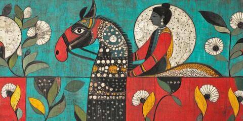 Obraz premium Majestic Madhubani Horseman: Traditional Indian Folk Art on Textured Background. Vibrant Cultural Illustration for Luxury Scarves, Children's Books, and Web Design. Harmony of Human and Nature in 4K D