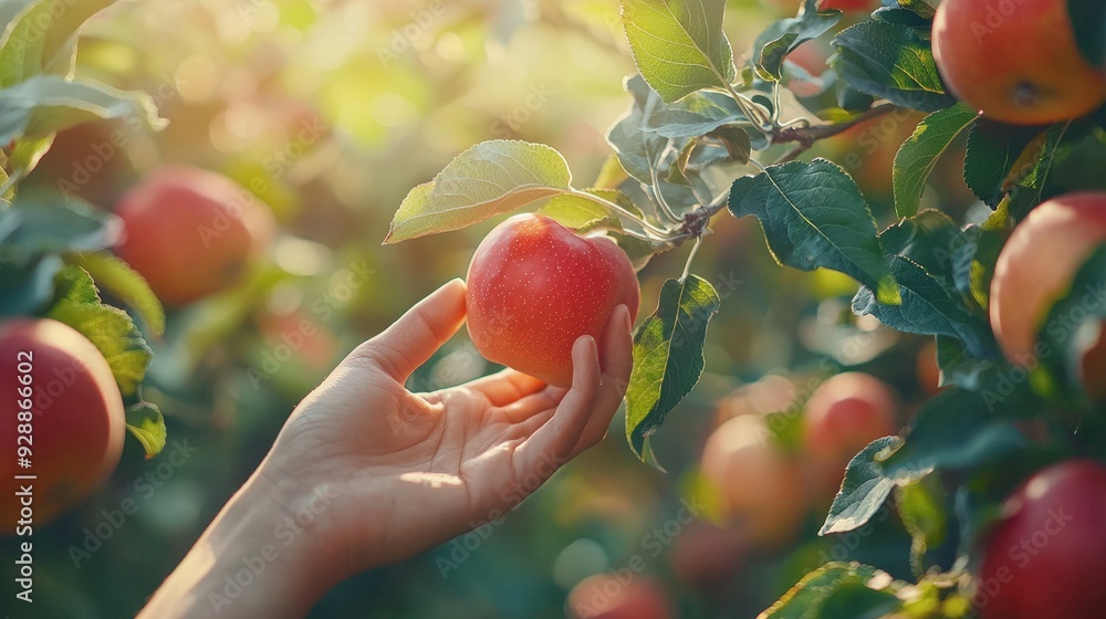 Poster a hand reaches for a bright red apple hanging from a tree branch while surrounded by lush green leav