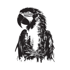 silhouette of Macaw filled with destroyed futuristic dystopia environment in rough drawing