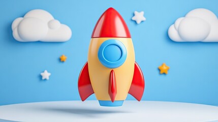 A vibrant 3D rocket prepares for launch into a clear blue sky filled with soft clouds and playful stars, capturing the thrill of exploration