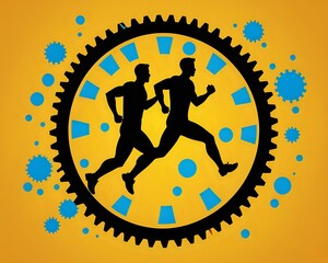 Obraz premium Two running silhouettes inside a gear on a yellow background.