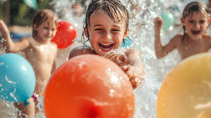 Joyful children playing with colorful balloons and splashing water in a fun summer outdoor pool activity