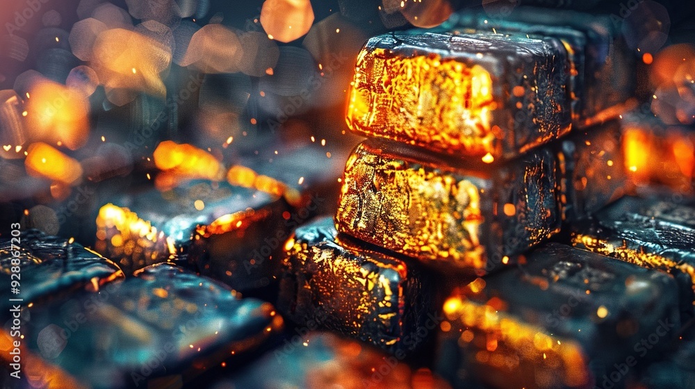 Poster   A group of gold cubes stacked atop one another in front of a hazy light backdrop