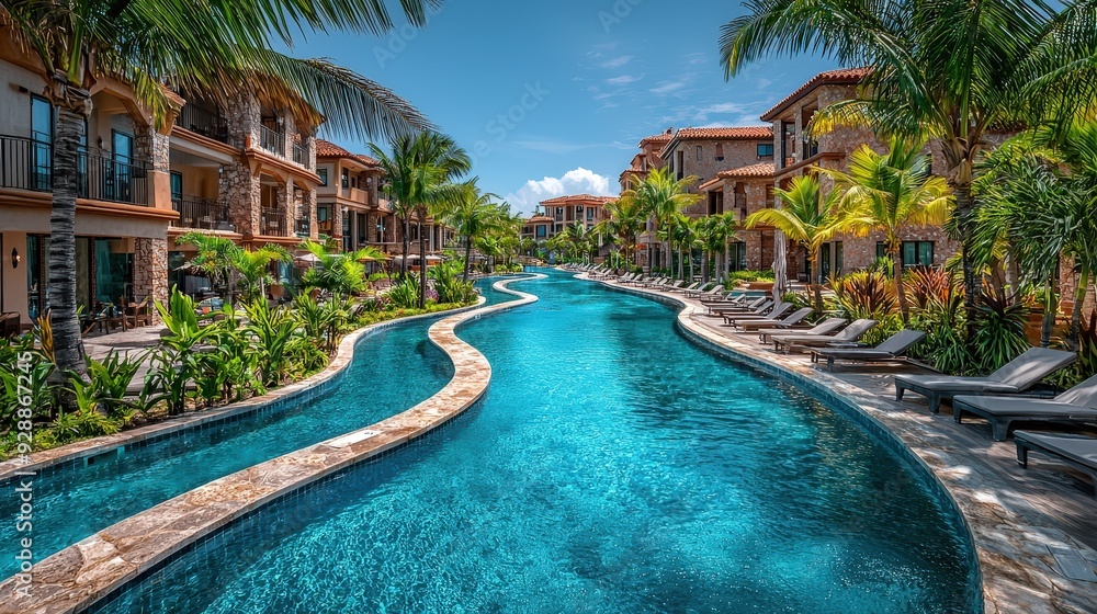 Aufkleber a resort features a curving pool surrounded by palm trees and lounge chairs, inviting relaxation on 