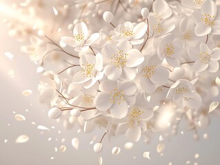 Delicate White Blossoms with Falling Petals - 3D Illustration
