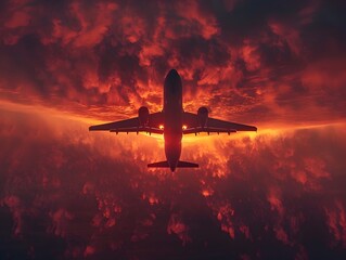 Naklejka premium Dramatic Fiery Sunset Silhouettes an Airplane in Flight Against the Sky