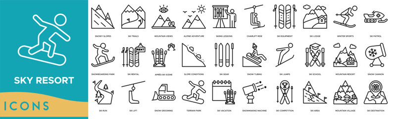 Ski Resort icon. Snowy Slopes, Ski Trails, Mountain Views, Alpine Adventure and Skiing Lessons