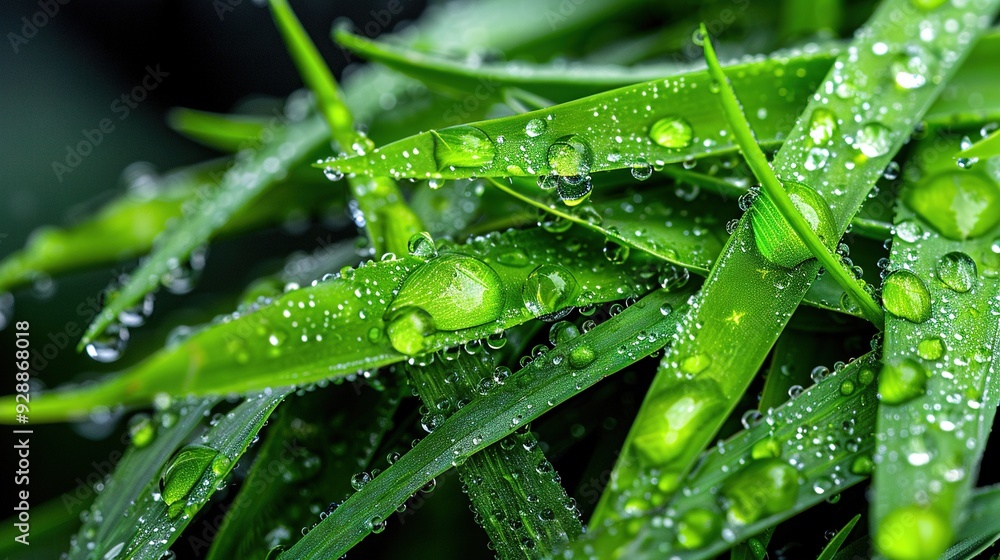 Poster a photo of close-up water droplets on green leaves with grass in front and a fuzzy background