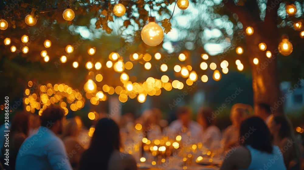 Sticker Guests enjoy a cozy outdoor dinner surrounded by glowing string lights and vibrant decorations on a summer evening