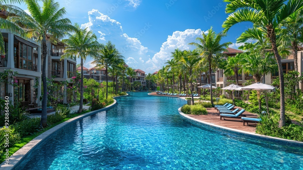 Poster a tranquil resort features a winding pool surrounded by palm trees and lounge chairs, inviting relax