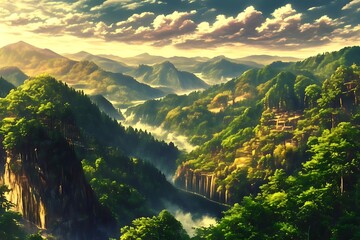 Lush Green Mountains with Waterfalls and Fog - Digital Illustration