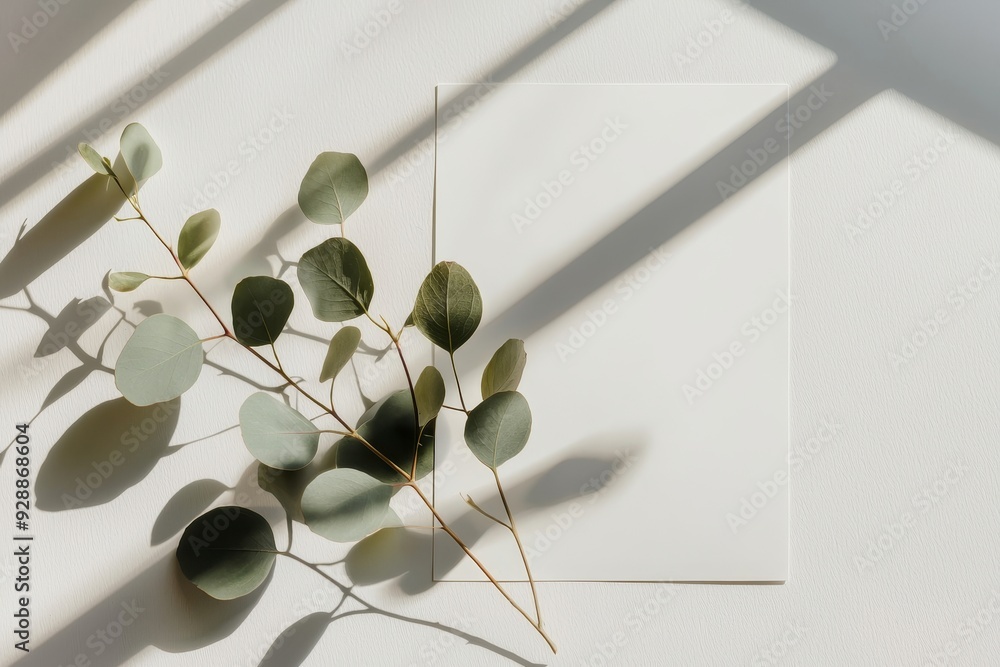 Poster Mockup of an empty vertical greeting card invitation with craft envelope. Original background of beige limestone in sunlight with palm leaf shadow overlay. Perfect for tropical summers and vacations.