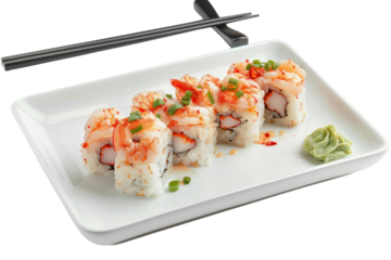 Photo of rustic hand-rolled shrimp sushi, conveying the essence of Japanese cuisine, isolated on a white background.