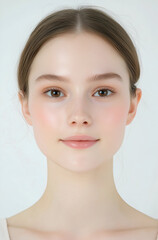 Obraz premium Close-Up Portrait of a Serene Young Woman with Smooth and Radiant Skin