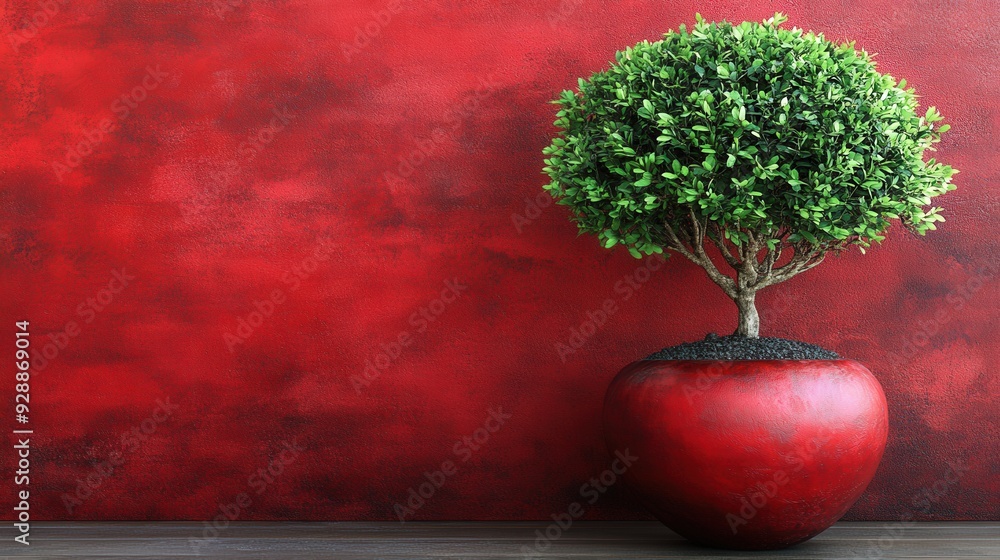 Aufkleber a lush green plant sits in a vibrant red pot, complementing the striking red wall behind it, creatin