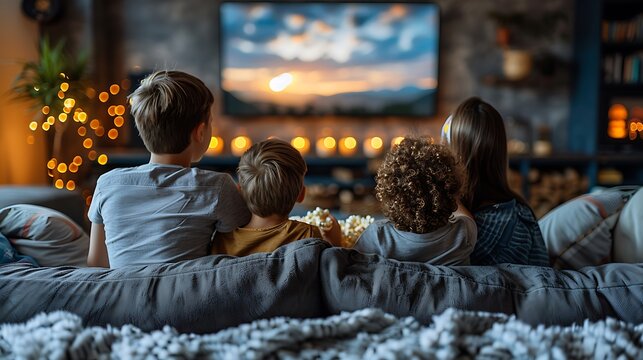 A delightful family movie night, with children and parents cuddled up on the couch, popcorn at the ready, the dim light from the TV creating a warm glow,