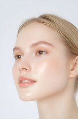 Obraz premium Close-Up Portrait of a Serene Young Woman with Smooth and Radiant Skin