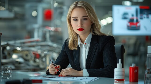 A businesswoman in a sleek suit reviews documents while seated at a stylish desk in a contemporary office environment