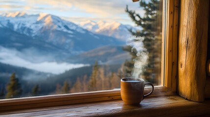 Cozy Mountain Cabin Retreat with Steaming Cup of Tea,Serene Nature Escape