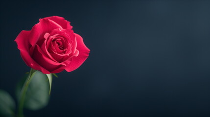 Fototapeta premium Red Rose on a Dark Background with Crisp Petals and Green Leaves Photorealistic Close-Up Vibrant