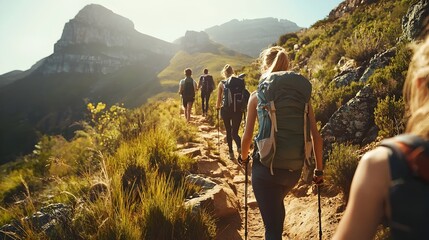 Friends Hiking Mountain Trail,Shared Adventure and Encouragement