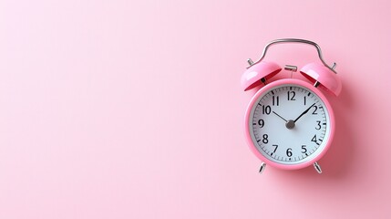 Pink alarm clock on a pink background,  the time is almost 11 am.