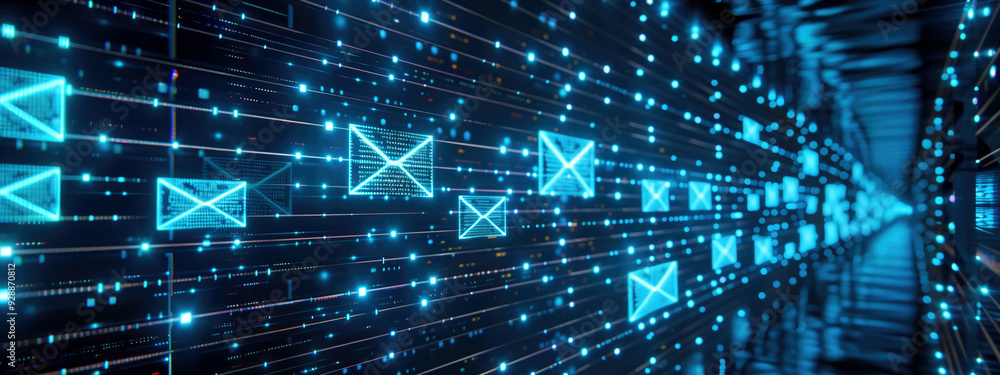 Poster digital holographic projection of email icons in a futuristic data tunnel. concepts of communication
