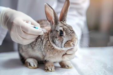 A veterinarian is administering a vaccine to a fluffy rabbit in a clinical setting, ensuring its health and well-being. - Powered by Adobe