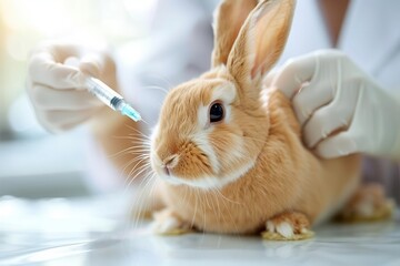 A vet administers a vaccine to a healthy rabbit in a calm and caring environment, showcasing animal healthcare and responsibility.