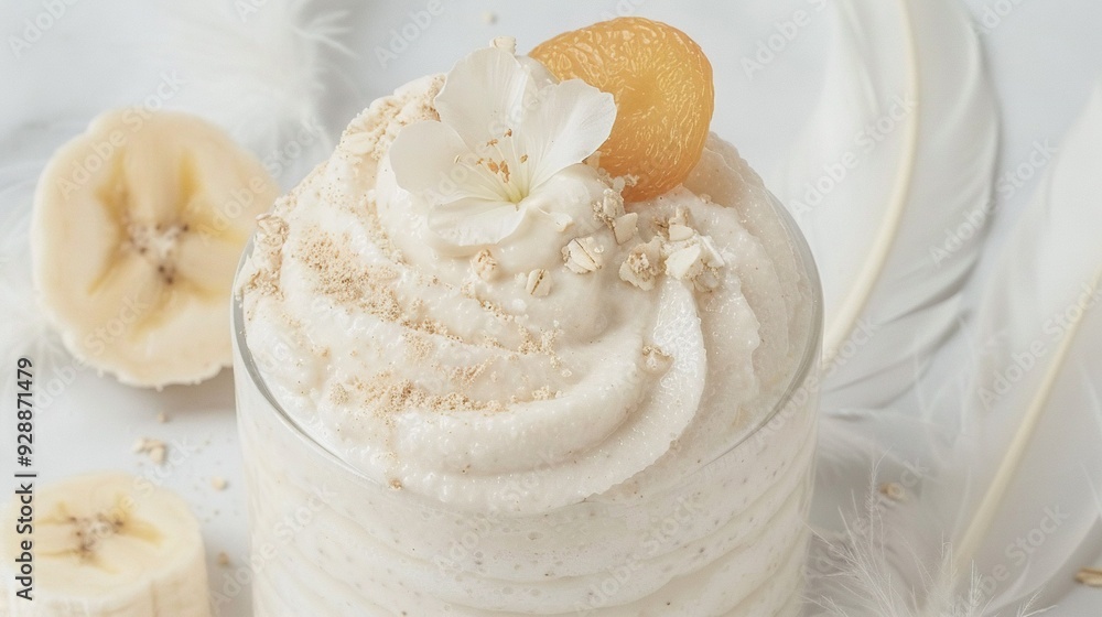 Poster a close-up shot of a dessert in a glass sits on a table with a feather and a banana as background