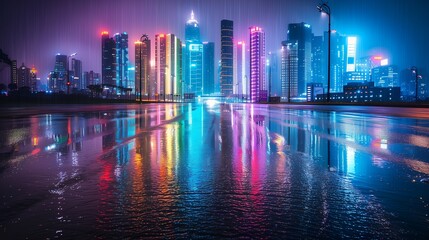 Fototapeta premium Wet asphalt reflects colorful lights from skyscrapers in a city at night.