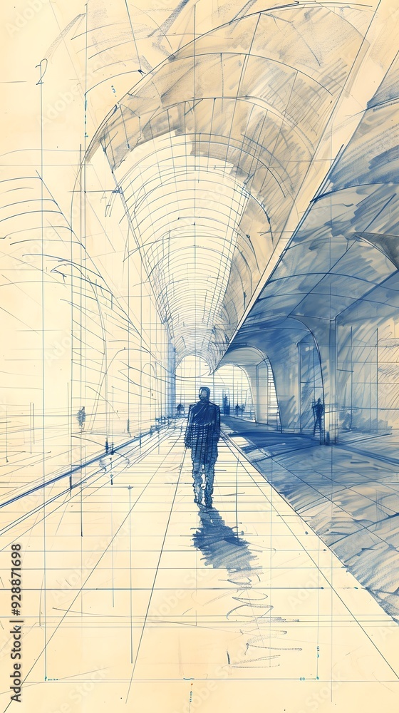 Poster abstract architecture sketch with a man walking