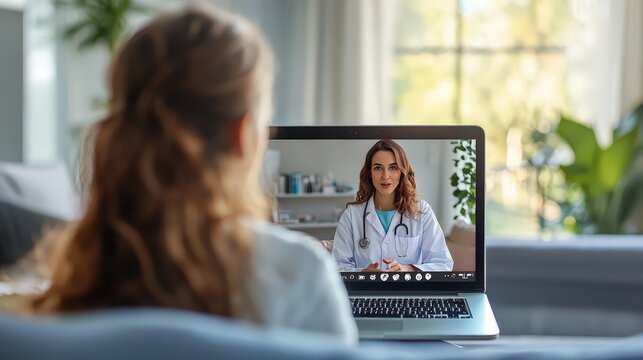 A woman engages in a virtual consultation with a doctor, sitting comfortably on her couch with sunlight streaming in through the window