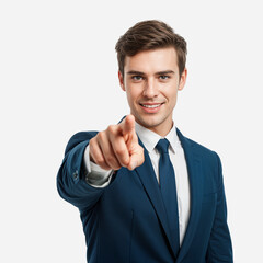 Confident Smiling Businessman Pointing Finger, Front View, White Background