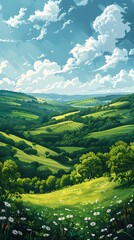 Obraz premium Spring green rural fields flat illustration poster background