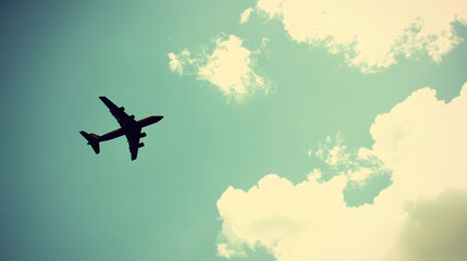 A silhouette of an airplane flying against a vintage-toned sky with scattered clouds, evoking nostalgia and the timelessness of travel.
