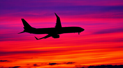A striking silhouette of an airplane in flight set against a vivid, multicolored sunset sky, capturing the beauty and drama of aviation at dusk.
