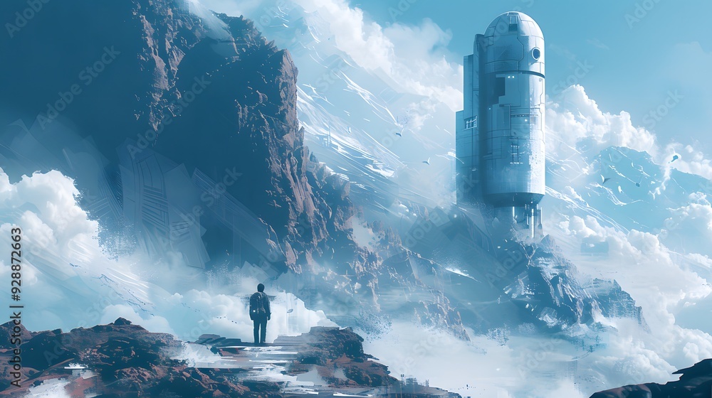 Poster man standing on a mountain peak looking at a futuristic tower in the clouds.