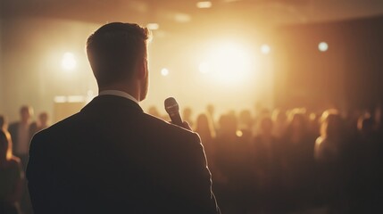 Confident male speaker giving a compelling presentation during a corporate event with attentive attendees listening intently