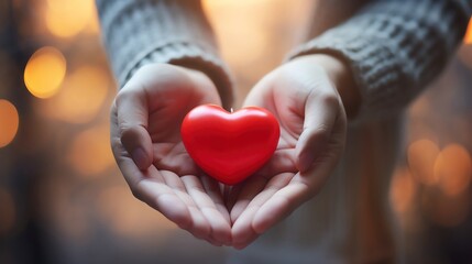 A pair of hands gently cradling a red heart symbolizing love, warmth, and compassion against a soft, glowing background.