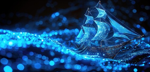 Futuristic glowing blue ship sailing through a sea of light with twinkling particles in the background. Concepts of technology, exploration, and innovative design in a digital universe.