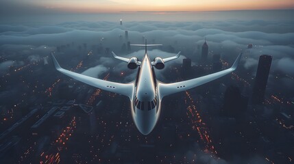 Fototapeta premium Futuristic Airliner with Adaptive Morphing Wings Soaring Over Cityscape
