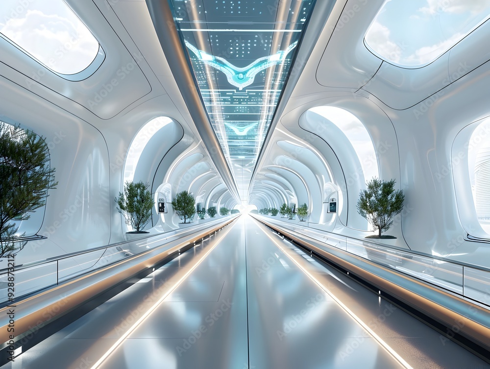 Poster futuristic airport with advanced robotic systems and automated passenger services concept