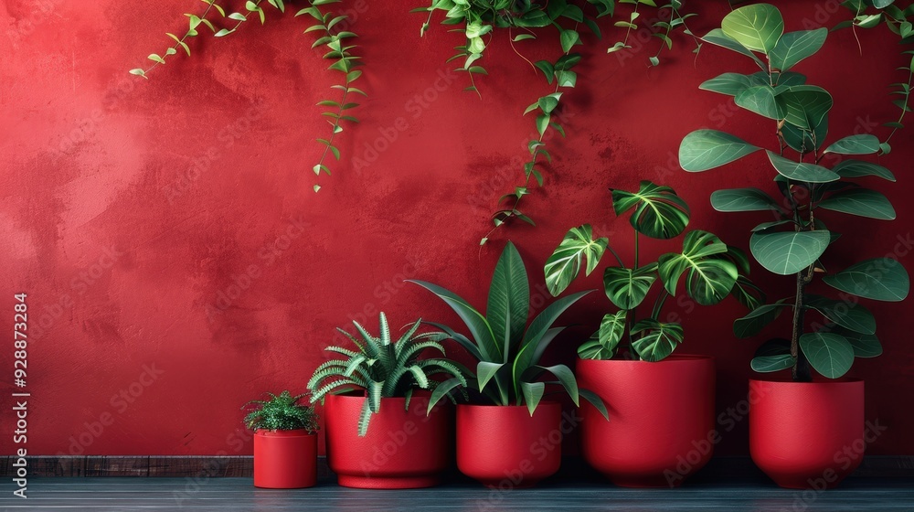 Poster a collection of various plants in red pots arranged along a striking red wall, showcasing an invitin