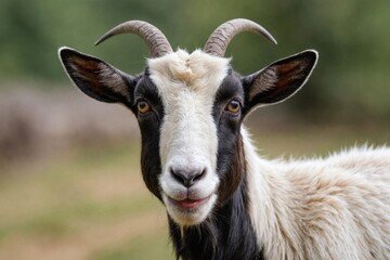 Fototapeta premium Portrait of a goat showing tongue, close-up, isolated on white background