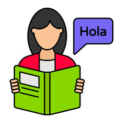 Hello in Spanish vector icon design, International Day of Language symbol, Translation Services sign, Plurilingualism and Multilingualism illustration, Spanish Instructor Reading the book concept